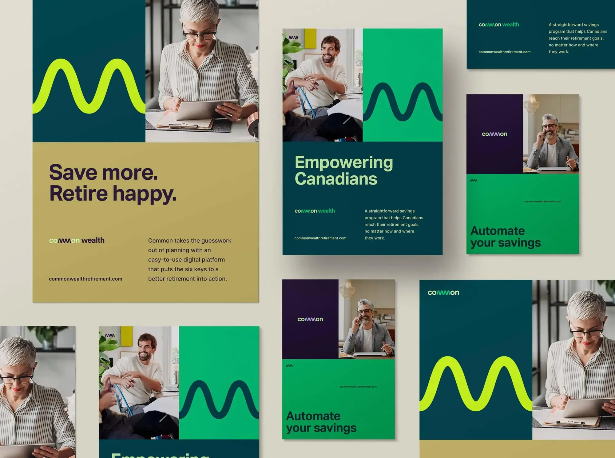 Common Wealth campaign posters reading Save more. Retire happy. and Empowering Canadians, in green, teal and gold