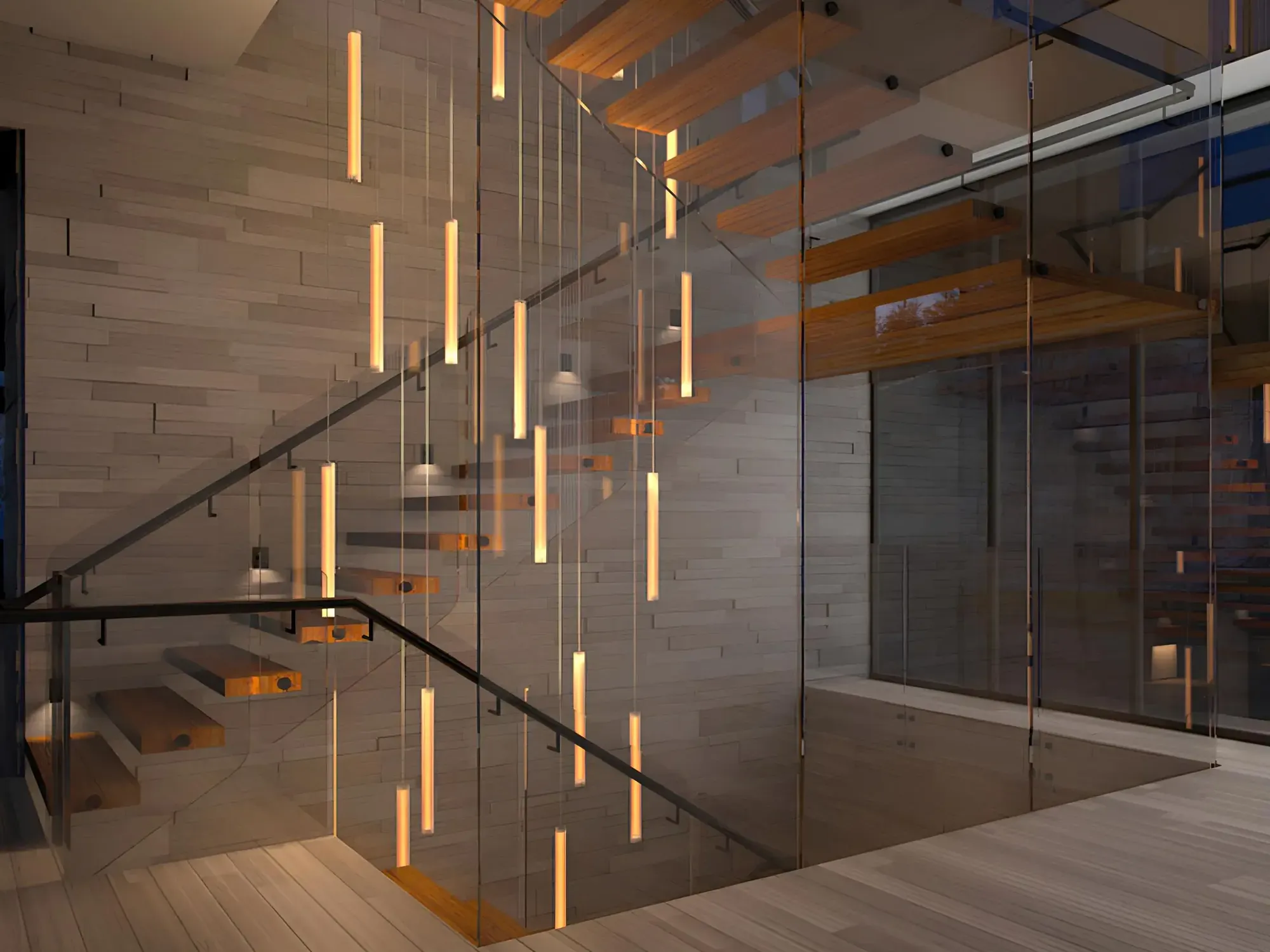 Modern interior with a floating timber staircase, glass railing and hanging pendant lights