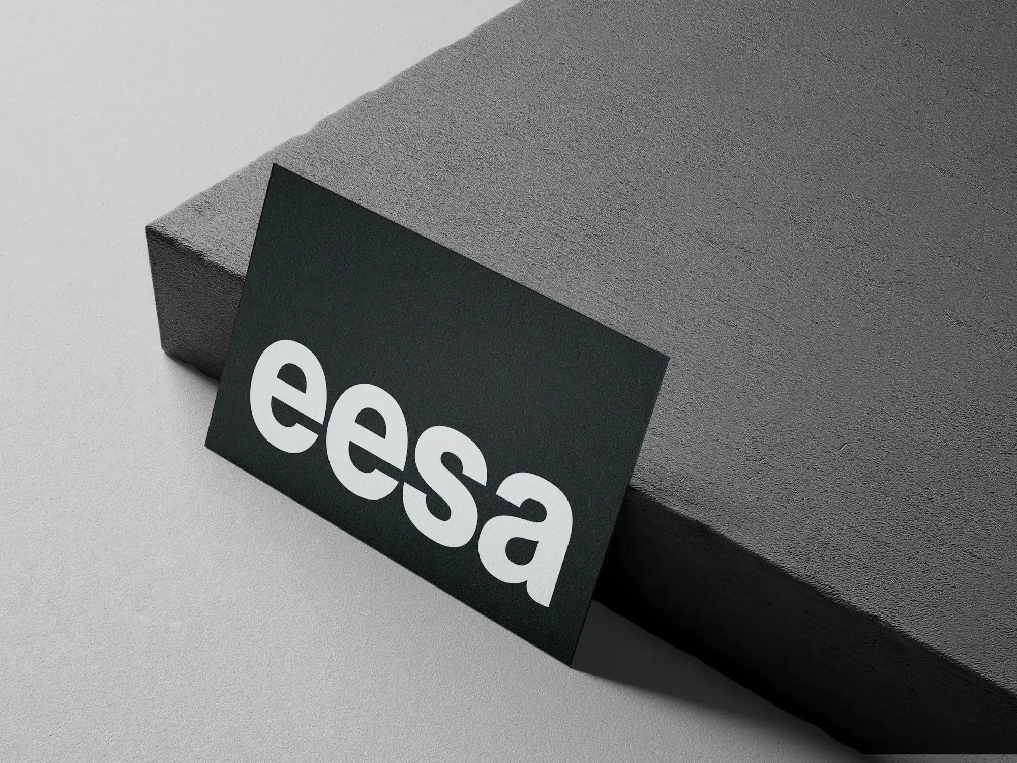 Black EESA business card with a bold white logo leaning on a grey stone block
