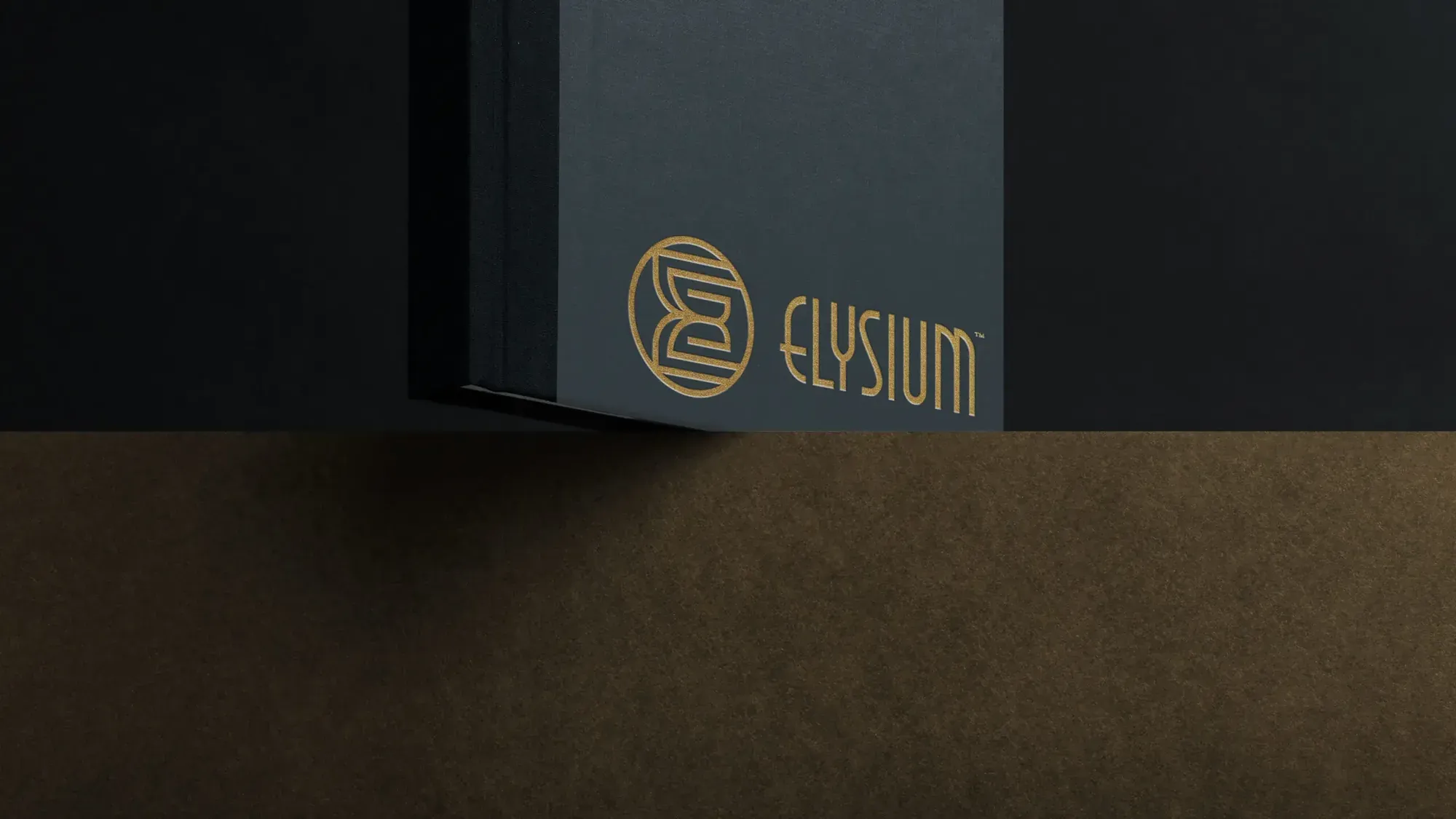 Elysium logo and monogram in gold on a dark green surface