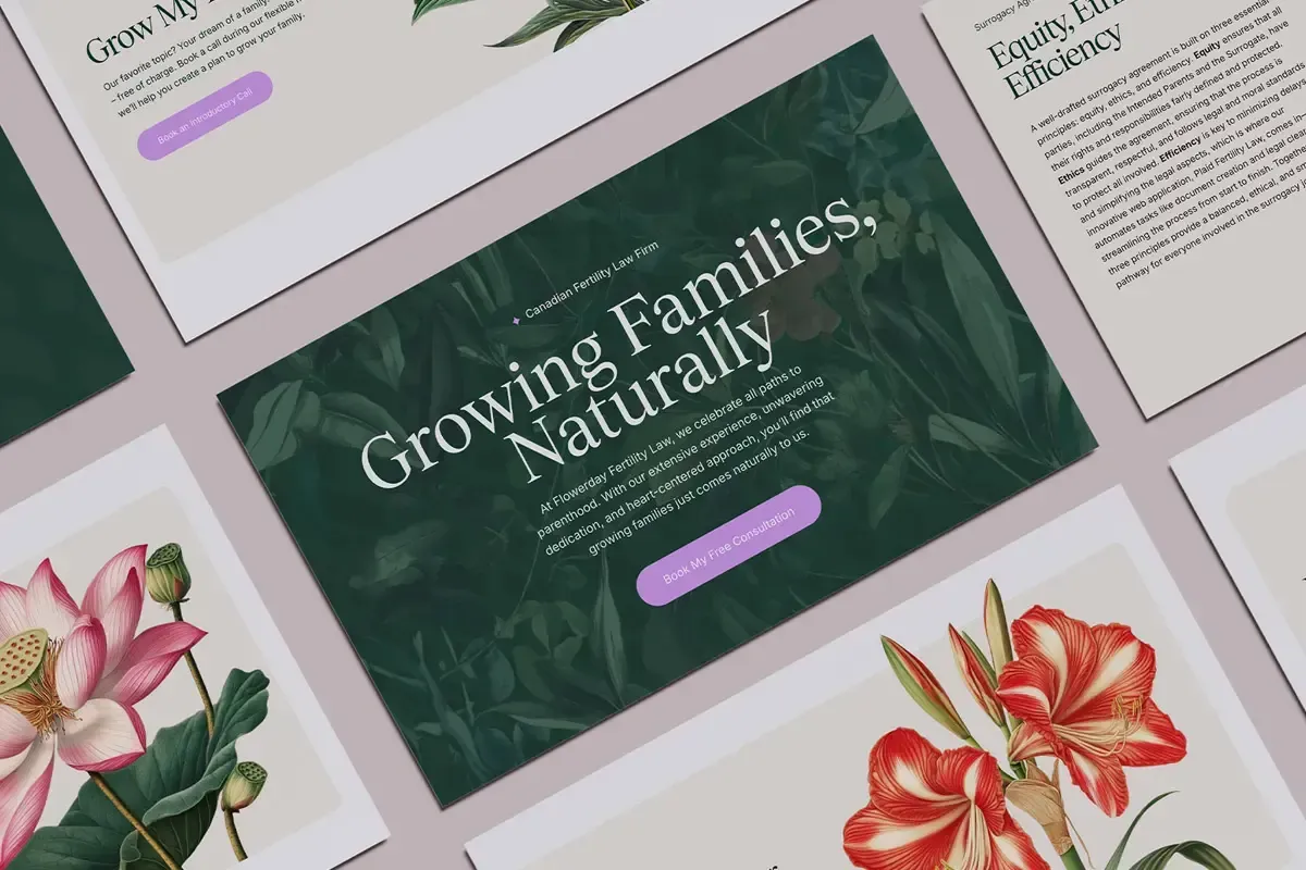Flowerday Law website pages with botanical illustrations and the headline Growing Families, Naturally