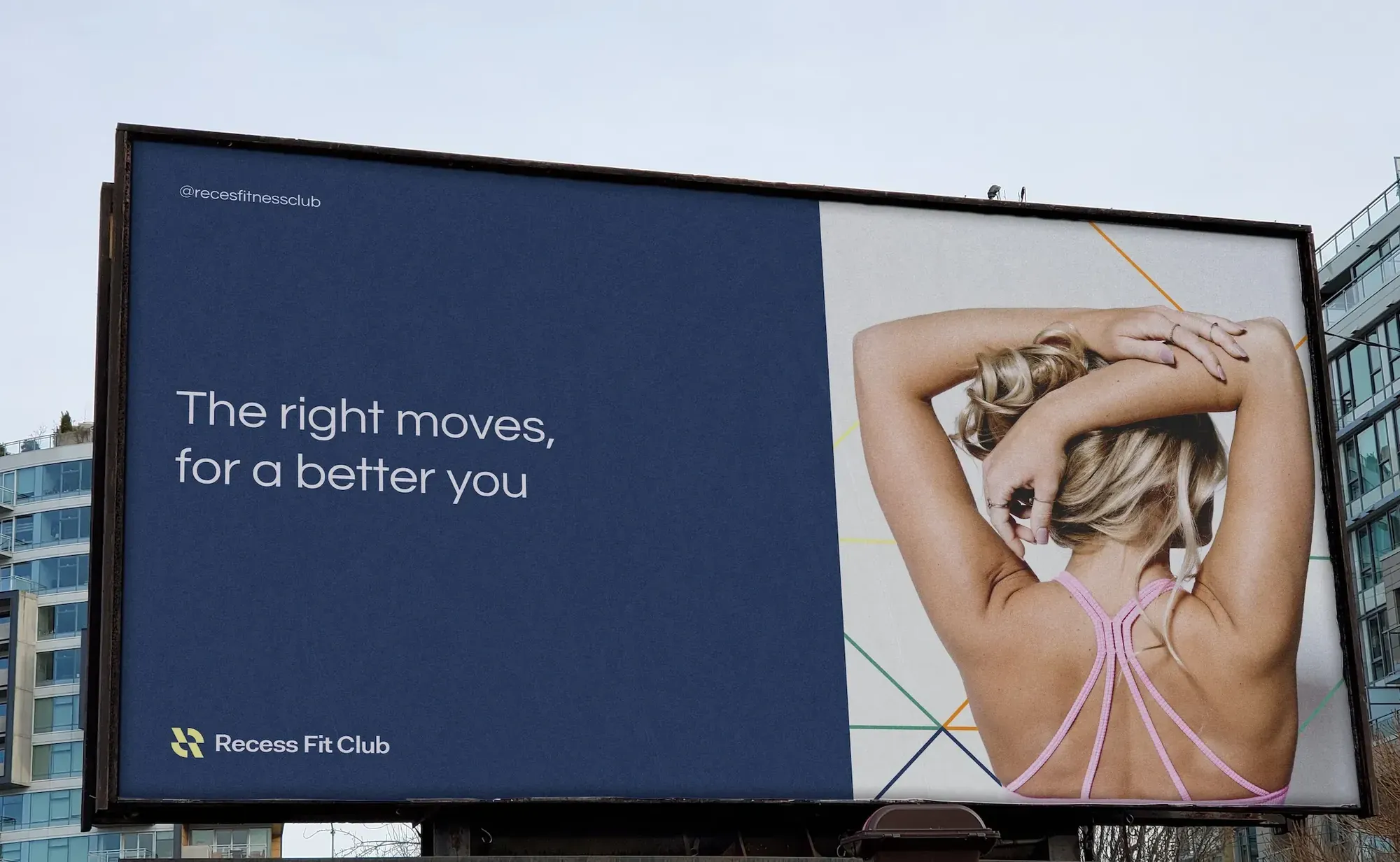 Recess Fit Club billboard reading The right moves, for a better you, with a woman stretching