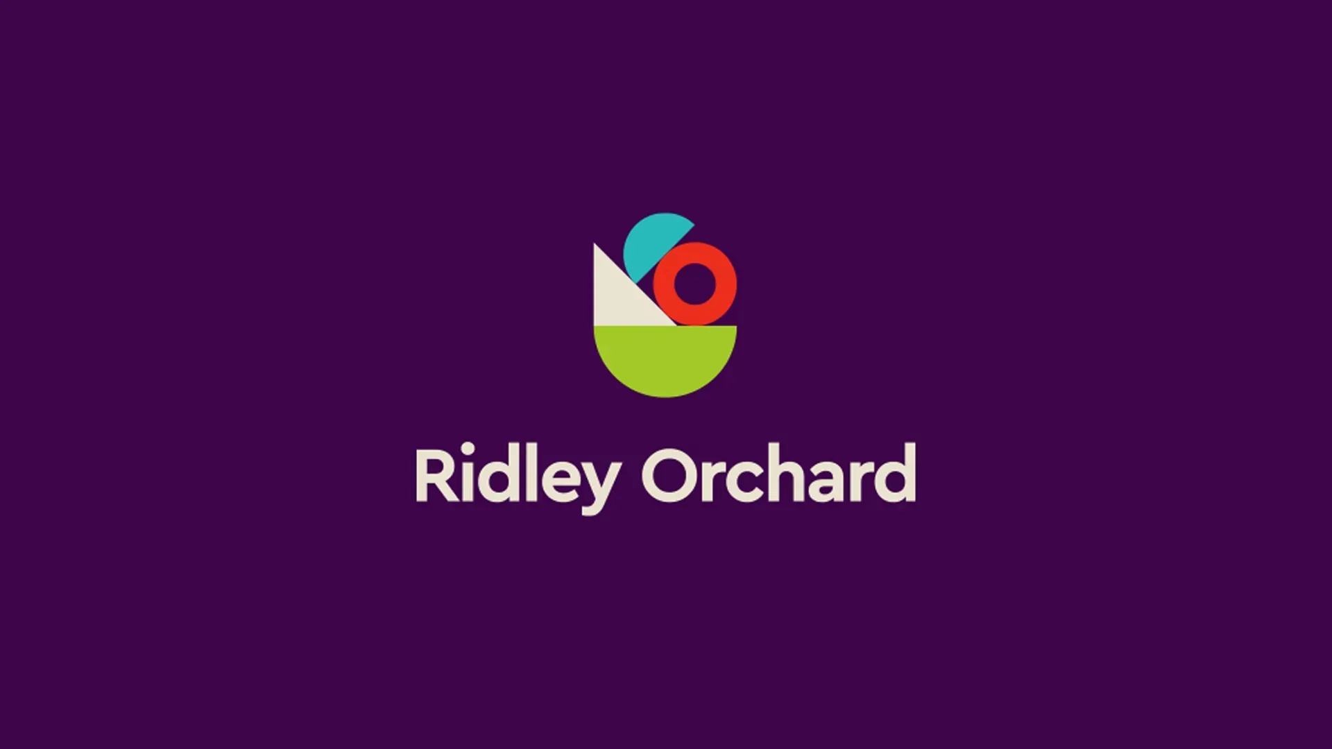 Ridley Orchard logo with a colourful geometric fruit mark on deep purple