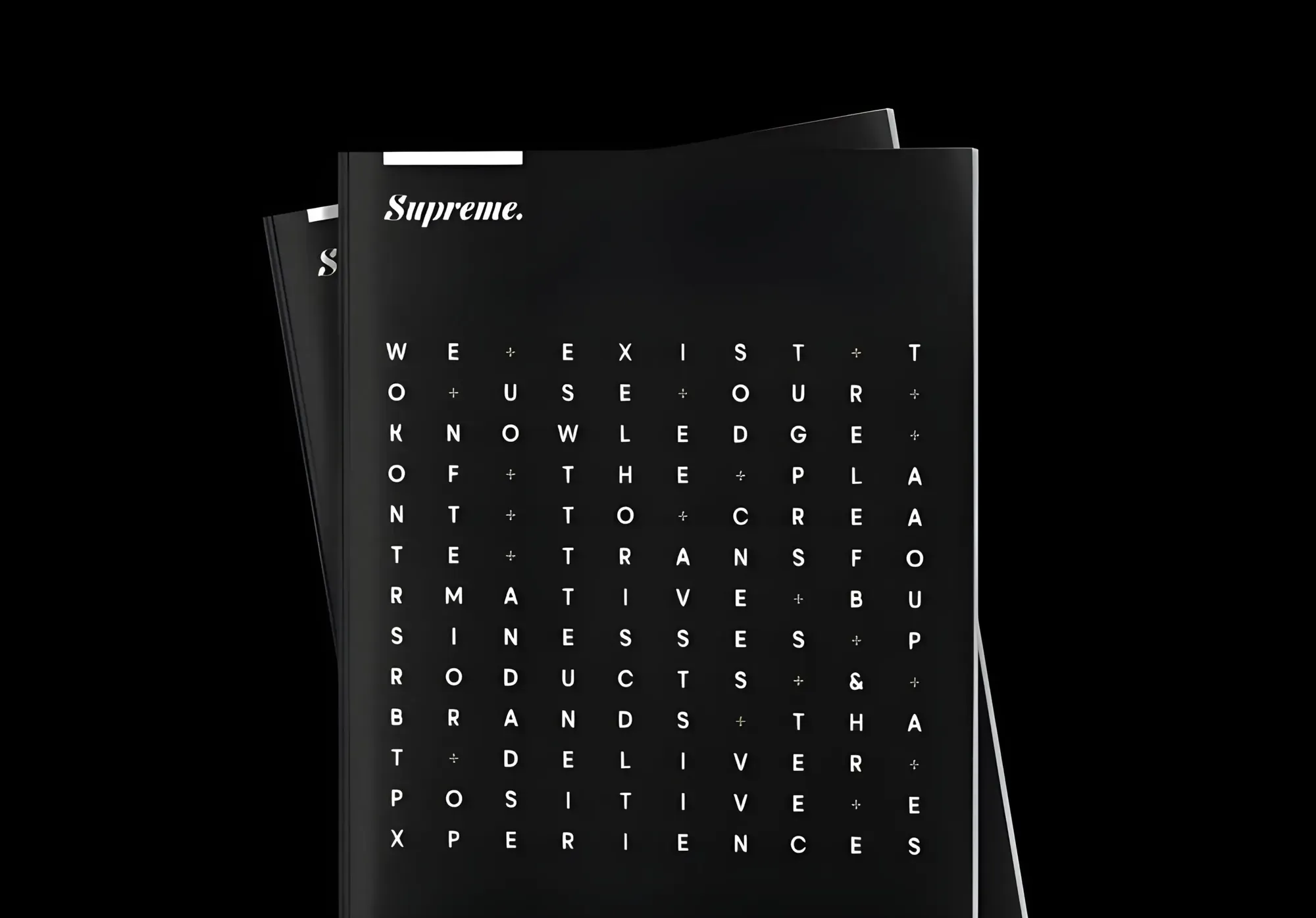 Black Supreme booklet with a spaced-out brand manifesto in white type